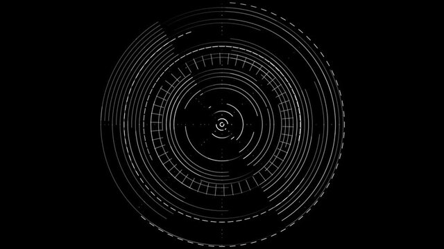 Abstract radar on a digital screen, military and army. Animation. Target searching scope and scanning element theme isolated on black background, seamless loop.
