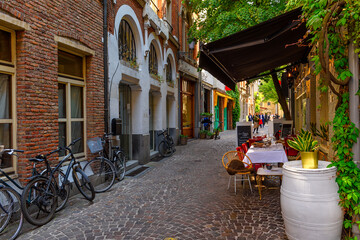 Old street of the historic city center of Antwerpen (Antwerp), Belgium. Cozy cityscape of Antwerp. Architecture and landmark of Antwerpen