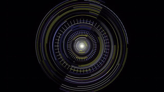 Futuristic radar rotation, activated searching program. Animation. Abstract hypnotic circles moving and blinking on black background, seamless loop.