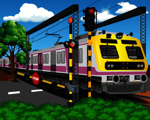 Illustration of Indian AC local train in rail crossing