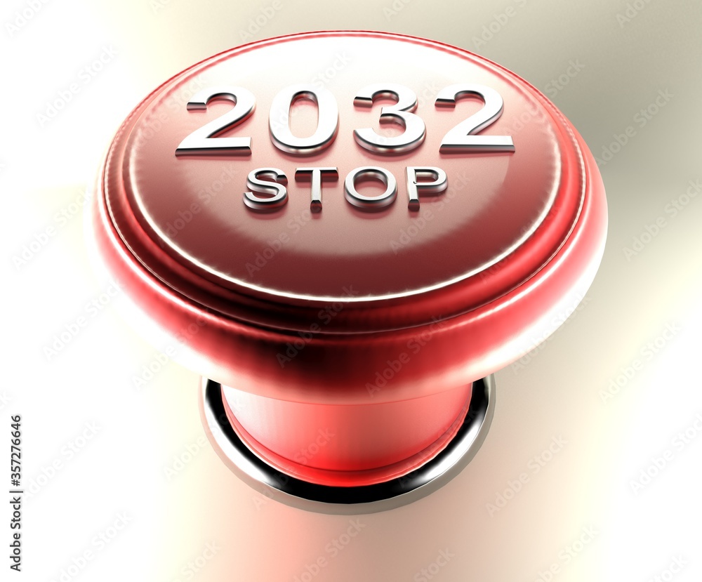Poster 2032 start on red emergency push button - 3d rendering illustration