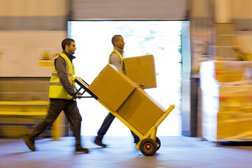 Workers carting boxes in warehouse - obrazy, fototapety, plakaty