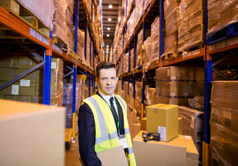 Businessman standing in warehouse