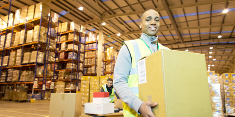 Worker carrying box in warehouse - obrazy, fototapety, plakaty