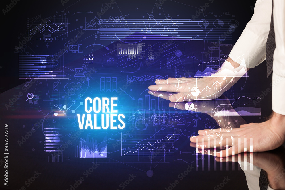 Wall mural businessman touching huge screen with core values inscription, cyber business concept