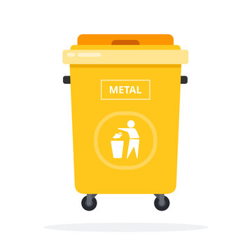 Trash can on wheels for metal sorting flat isolated