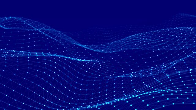 Dynamic wave of glowing particles. Digital technology background. 3d rendering. Seamless loop. 4k