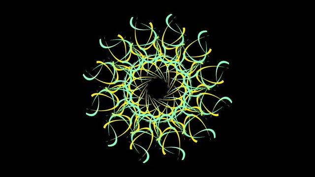 Abstract round figure formed by bended lines. Stock animation. Colorful shape looking like the sun with rays of curved lines, kaleidoscope pattern on black background, seamless loop.