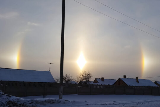 phenomenon of halo in the sky. A rare natural phenomenon. Three