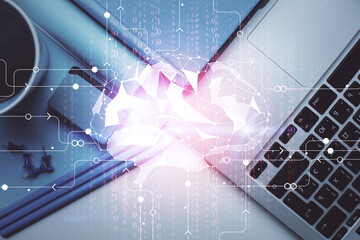 Multi exposure of brain sketch hologram over topview work table background with computer. Concept...