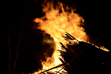 massive wood fire in winter night