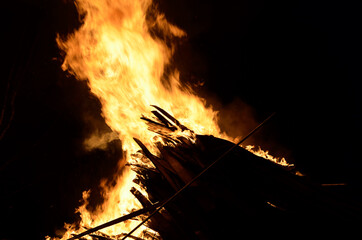 massive wood fire in winter night
