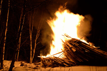 massive bonfire in winter night birch tree forest