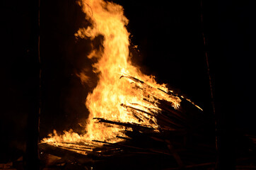 massive wood fire in winter night