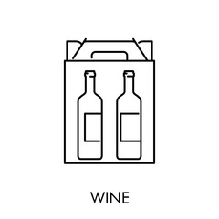 Icono plano lineal palabra WINE con caja de cartón con botellas de vino en color negro