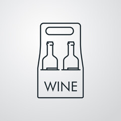 Icono plano lineal palabra WINE con caja de cartón con botellas de vino en fondo gris