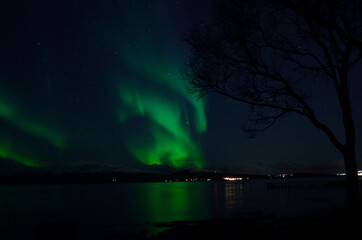 vibrant aurora borealis over fjord and mountain reflecting on fjord surface at night