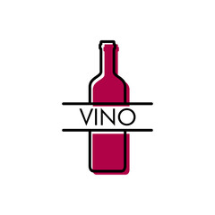 Logotipo lineal palabra VINO con botella de vino con color granate