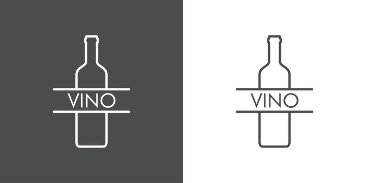 Logotipo lineal palabra VINO con botella de vino en fondo gris y fondo blanco