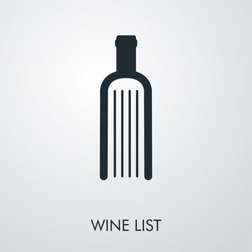 Logotipo lineal palabra WINE LIST en botella de vino como libro en fondo gris