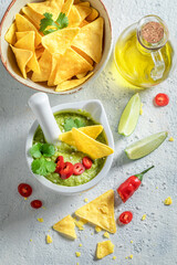 Vegan guacamole with tortilla, coriander and chilli peppers