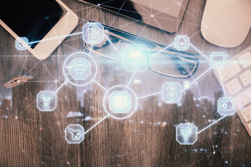 Double exposure of social network theme drawing over table with phone. Top view. People connecting concept.