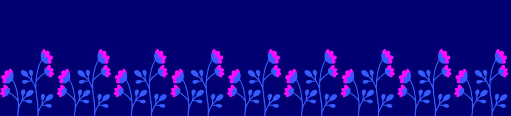 Folklore style border doodle floral seamless pattern in blue and purple colors. Vector illustration with isolated elements
