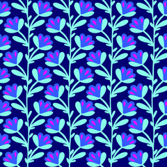 Floral symmetric pattern with static rhythm folklore stylized for fashion fabric or wallpaper in blue colors