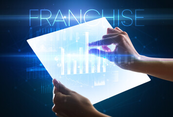 Hand holding futuristic tablet with FRANCHISE inscription above, modern business concept