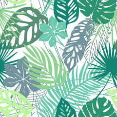 Hand drawn grunge textured tropical leaves seamless pattern. Tropical leaf silhouette elements background. Fan palm, monstera, banana leaf in grunge retro style. Vector illustration.