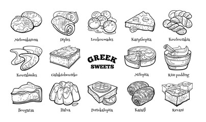 Collection of traditional Greek desserts. Hand drawn sketch in doodle style.