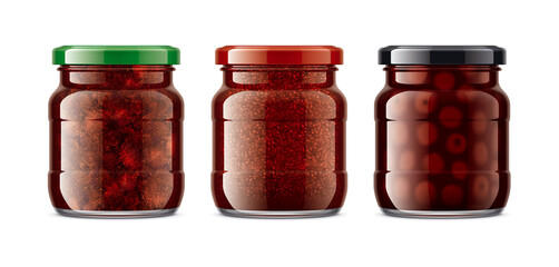 Set of Glass Jars with Jam. 