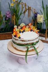 Beautiful and delicious diet cake for a festive event close-up. Dessert and cake
