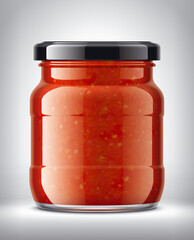 Glass Jar on Background with Tomato Sauce