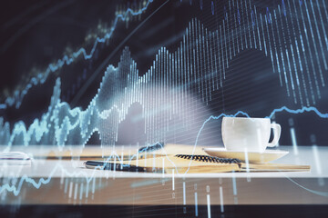 Multi exposure of forex graph drawing and desktop with coffee and items on table background....