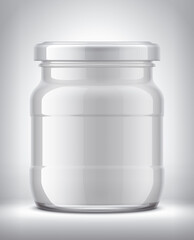 Glass Jar with Dairy Food on Background. 