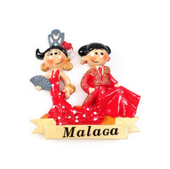 Magnetic souvenir from Malaga (Espania) isolated on white background: Flamenco dancer and torero
