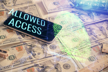 Double exposure of finger print scan drawing over usa dollars bill background. Concept of security of safe access.