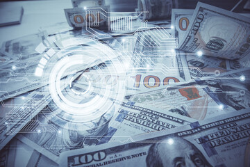 Double exposure of data theme drawing over us dollars bill background. Technology concept.