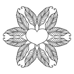 Abstract feather mandala pattern on white background. Decorative elegant lacy design element. Vector illustration.