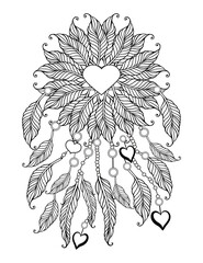 Heart with feathers mandala, page for adult colouring book, vector design element. Ornamental round doodle pattern isolated on white background.