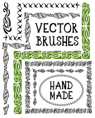 Hand drawn decorative vector brushes with inner and outer corner tiles. Dividers, borders, ornaments. Ink illustration.