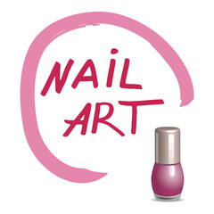 Nail art lettering. Pink Polish bottle Isolated on a White Background . Vector illustration.