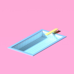 3D rendering. Swimming pool with water on pink background in isometric minimal style.