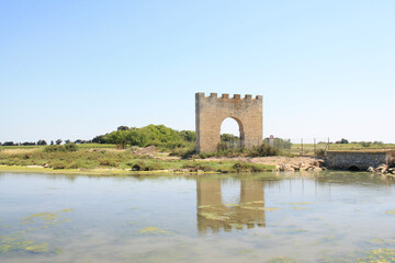 Triumphal arch of Villeneuve les Maguelone, a seaside resort in the south of Montpellier, Herault, France
