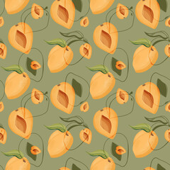 Apricot fruit warm orange color square seamless pattern on a green background. Textural watercolor digital art. Print for fabric, kitchen, menu, textile, wrapping paper, packaging, wallpaper.