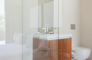 Glass walls of modern bathroom