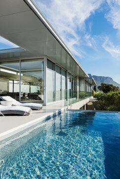 Patio and pool along modern house