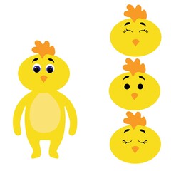 Cute chicken torso with extra heads isolated on white background. Emotions of a bird. Lovely pets. Stock vector illustration for books and magazines, clothes, fabrics, postcards, internet.