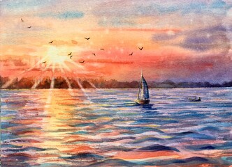 Watercolor yacht sailboat. Sunset at sea, ocean. Colorful seascape. Orange, yellow, blue, purple background. Horizontal view, copy-space. Template for designs, card, posters.